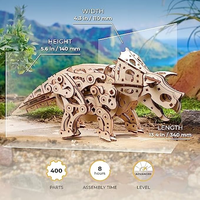 WOODEN 3D PUZZLE - TRICERATOPS DINOSAUR DIY CRAFT KIT FOR ADULTS - MECHANICAL MODEL KIT - 400 PCS - Image 2